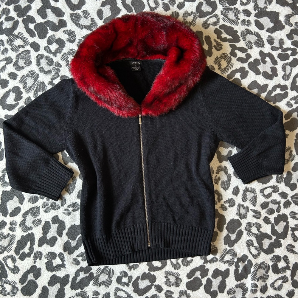 GUESS red fur zip up